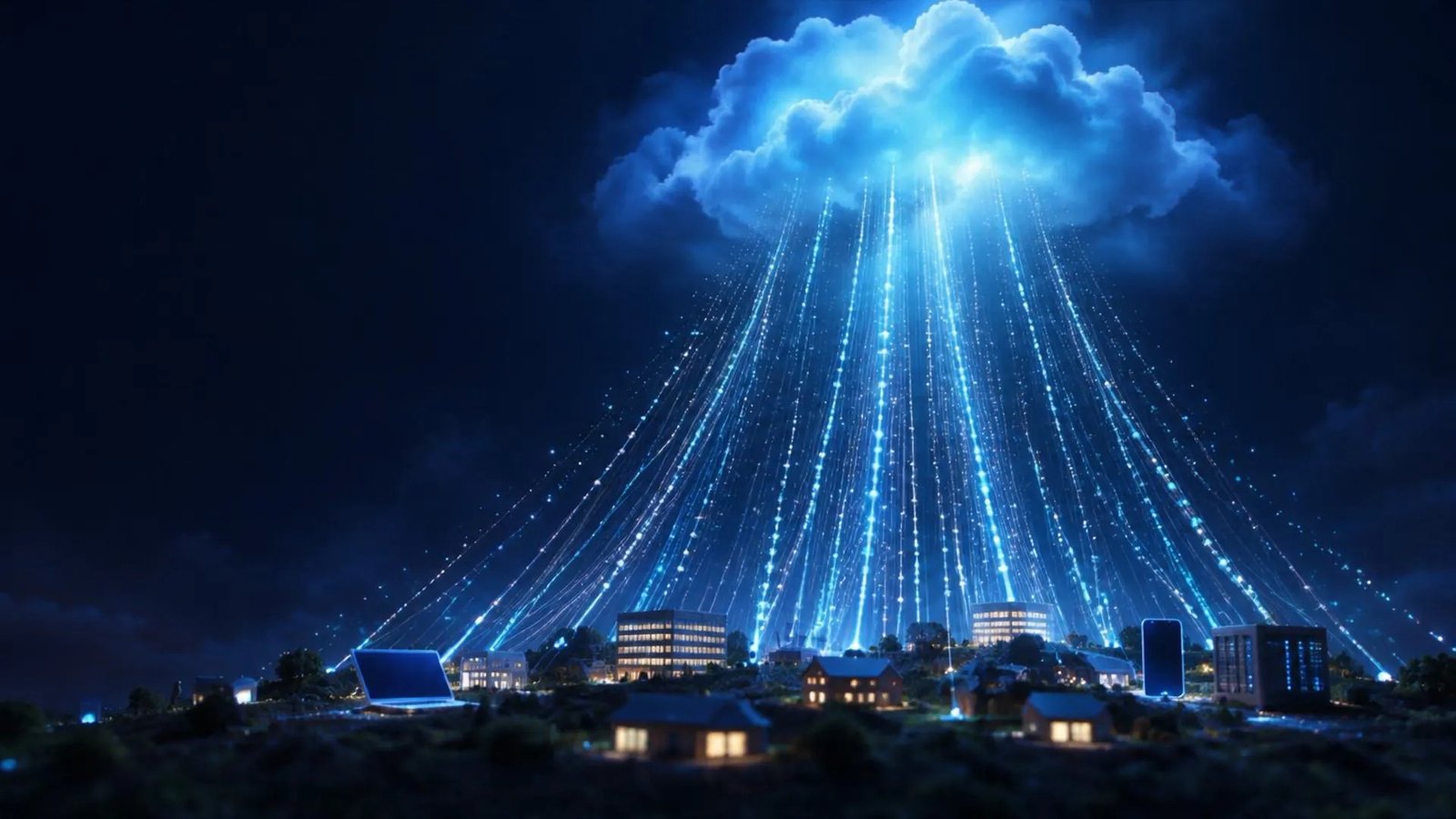 Streams of data rising from local offices and homes into a glowing cloud