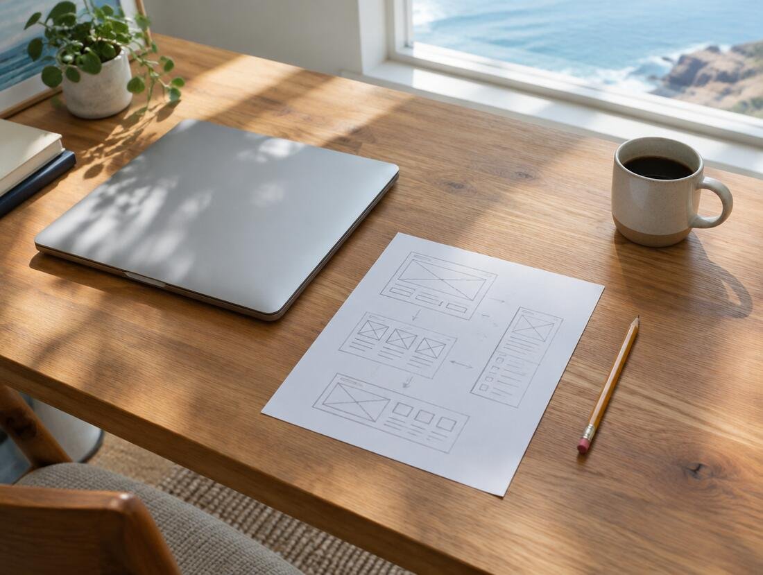 Website wireframe sketch on a desk beside a laptop